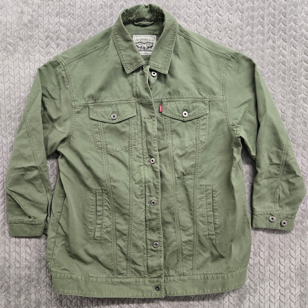Levi's Womens Army Green‎ Cotton Denim Trucker Jacket Size 1X Button Up Casual